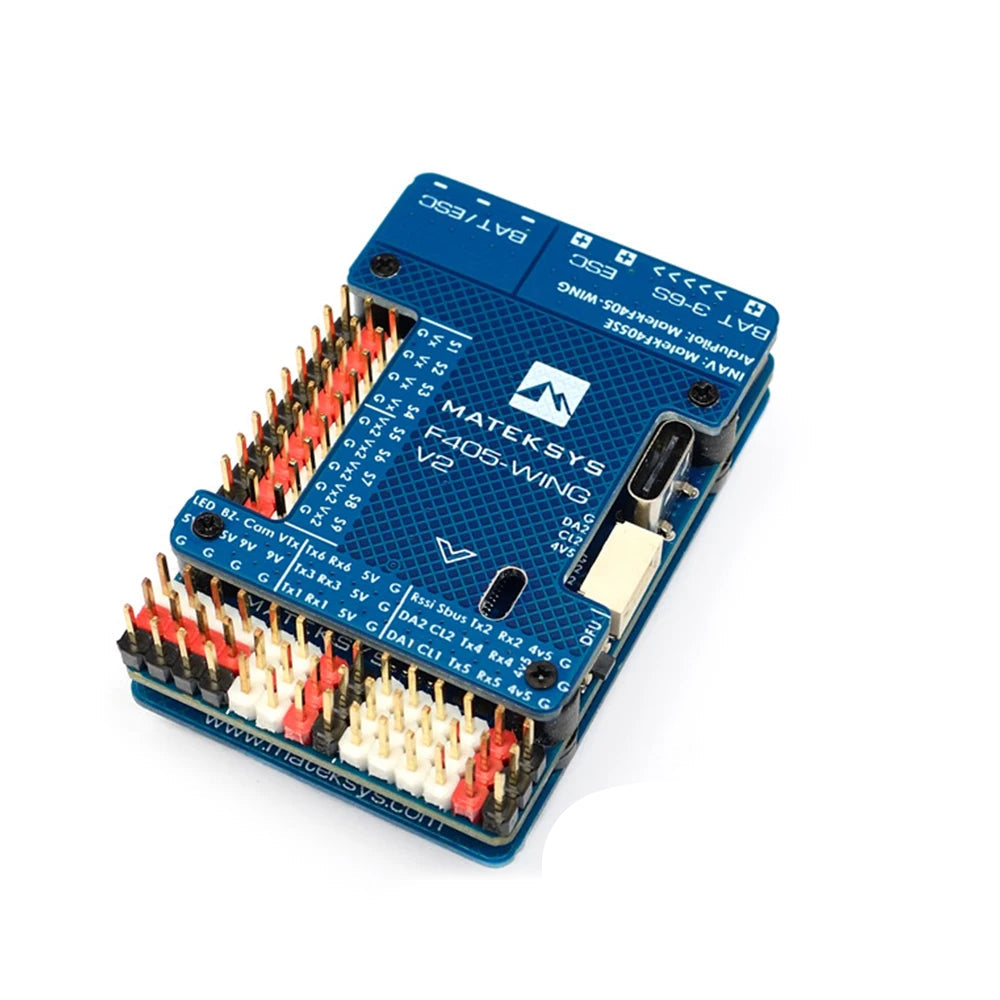 MATEK F405-WING-V2 Flight Controller, Matek F405-WING V2 flight controller board with USB-C port and labeled servo/IO pin headers