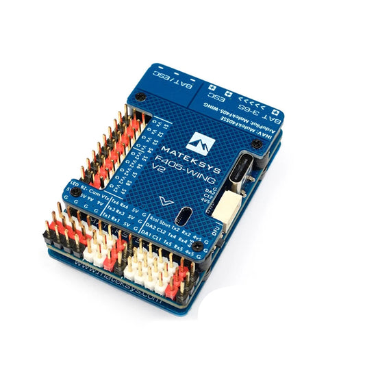 MATEK F405-WING-V2 Flight Controller, Matek F405-WING V2 flight controller board with USB-C port and labeled servo/IO pin headers
