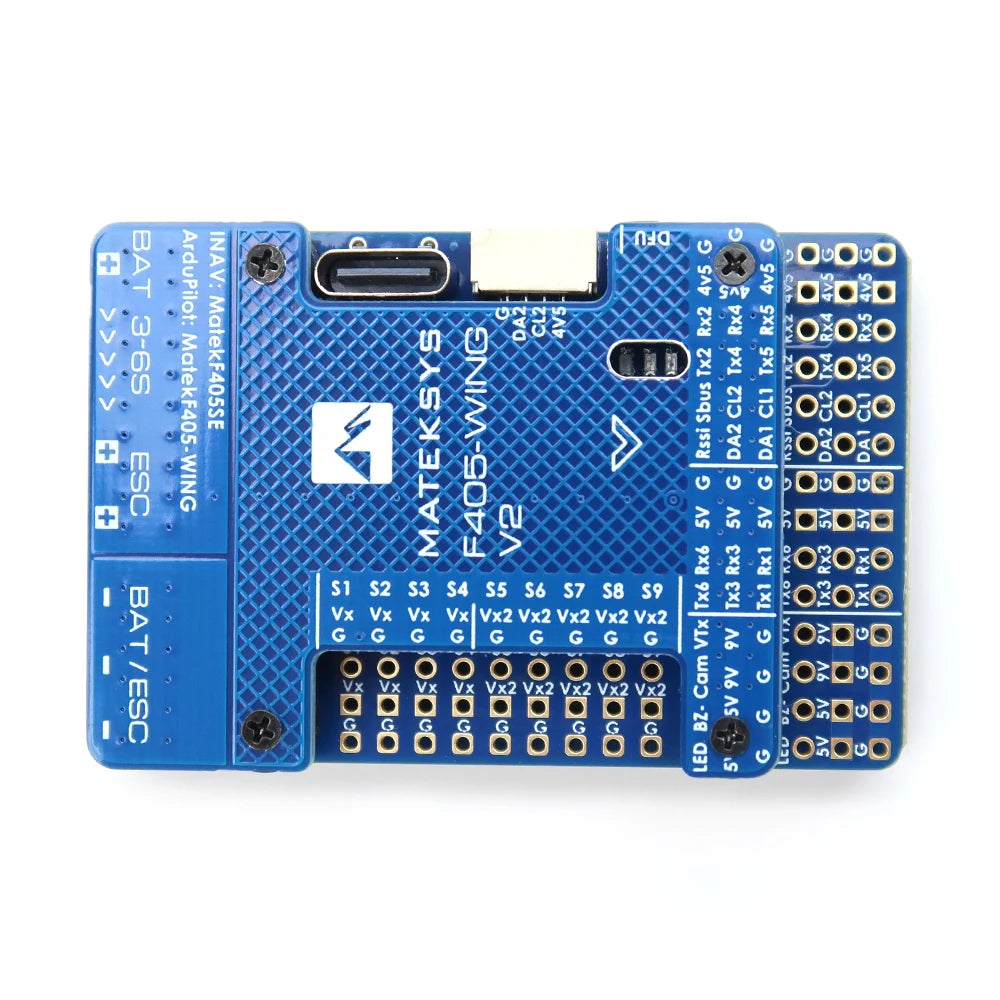 MATEK F405-WING-V2 Flight Controller, MATEK F405-WING V2 flight controller board with USB-C port and labeled BAT/ESC and servo output pads