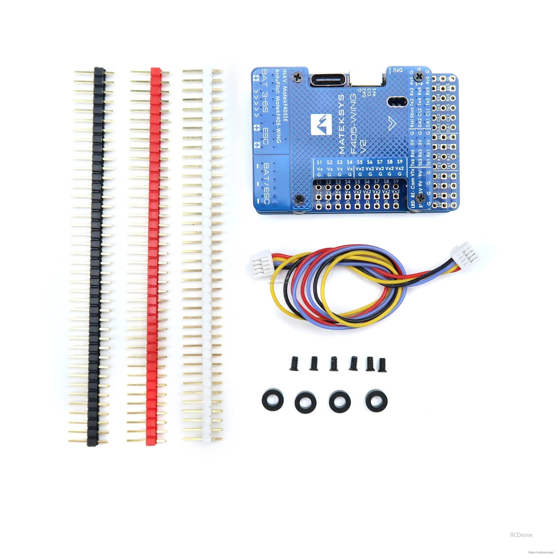 Matek F405-WING-V2 flight controller board with USB-C port, pin headers, wiring harness, screws and grommets