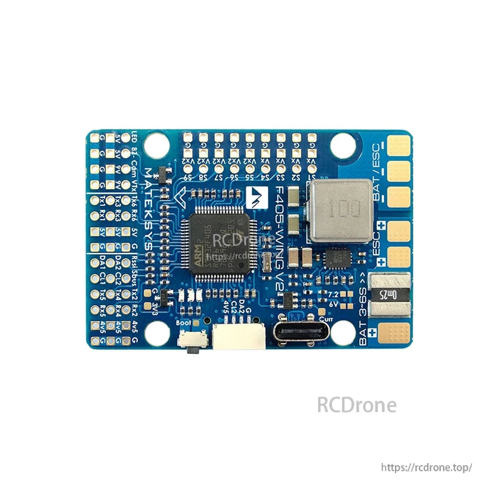 MATEK F405-WING-V2 Flight Controller, Matek F405-WING V2 flight controller PCB with USB-C port, BAT/ESC power pads, and labeled solder pads