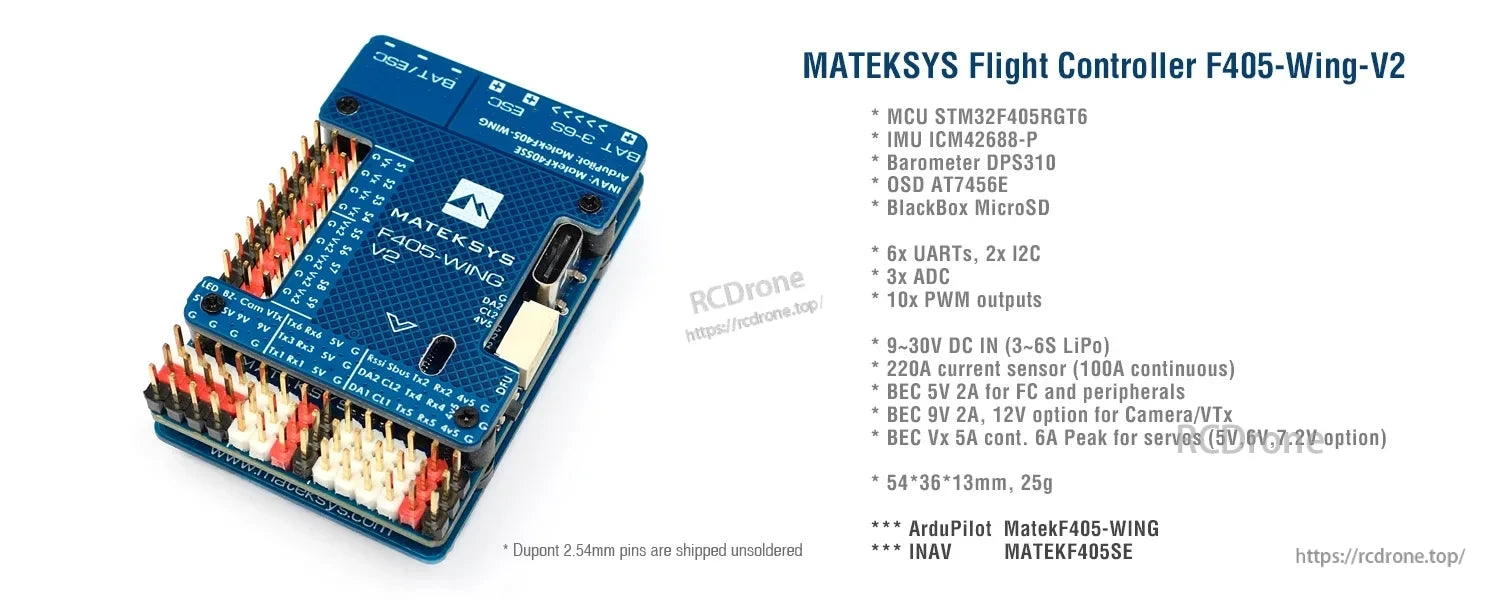 MATEK F405-WING-V2 Flight Controller, MATEKSYS F405-WING-V2 flight controller board with USB-C port, multiple pin headers, and microSD BlackBox slot