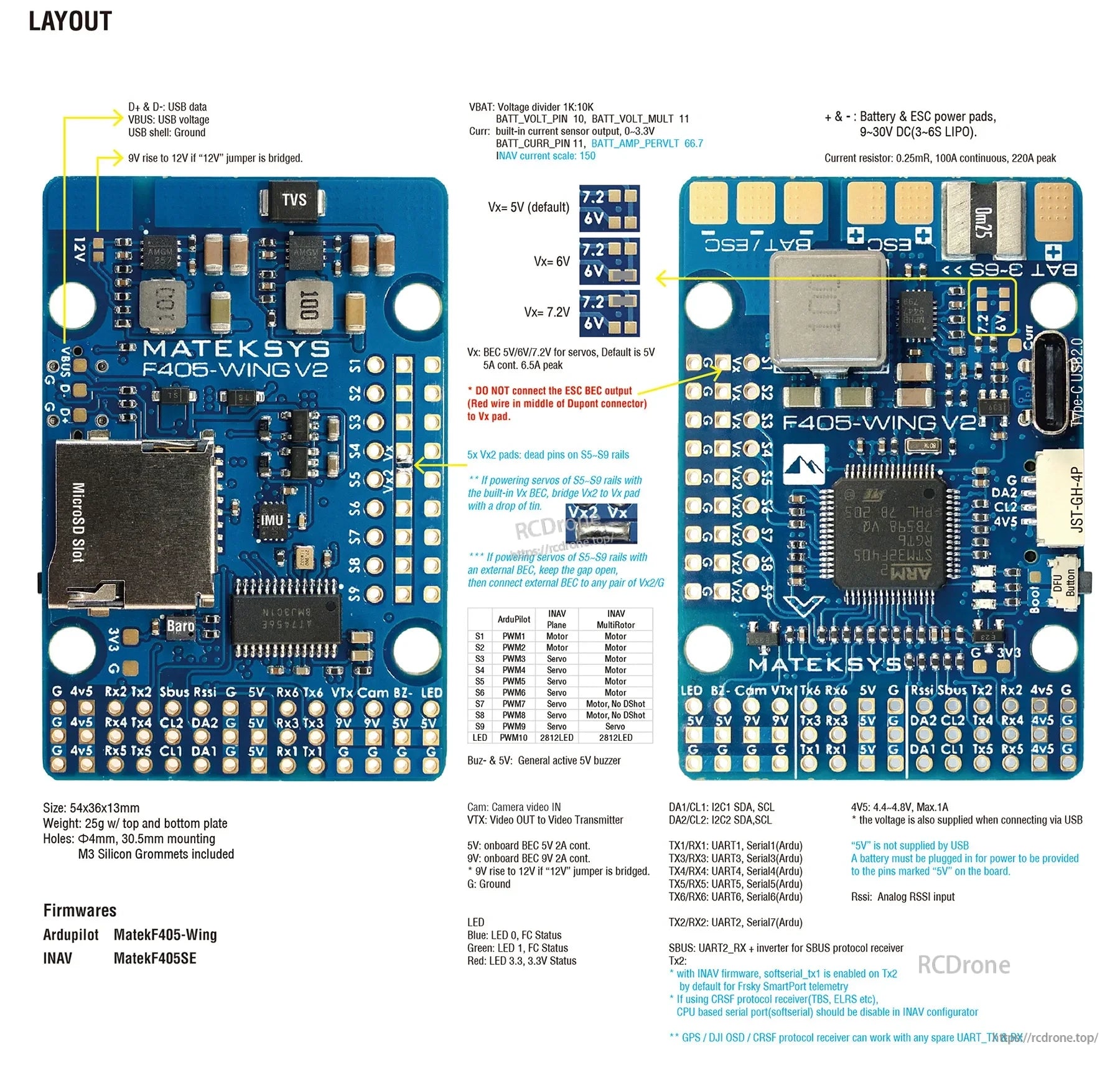 MATEK F405-WING-V2 Flight Controller, Matek F405-WING V2 flight controller board layout with labeled solder pads, microSD slot, and USB-C port