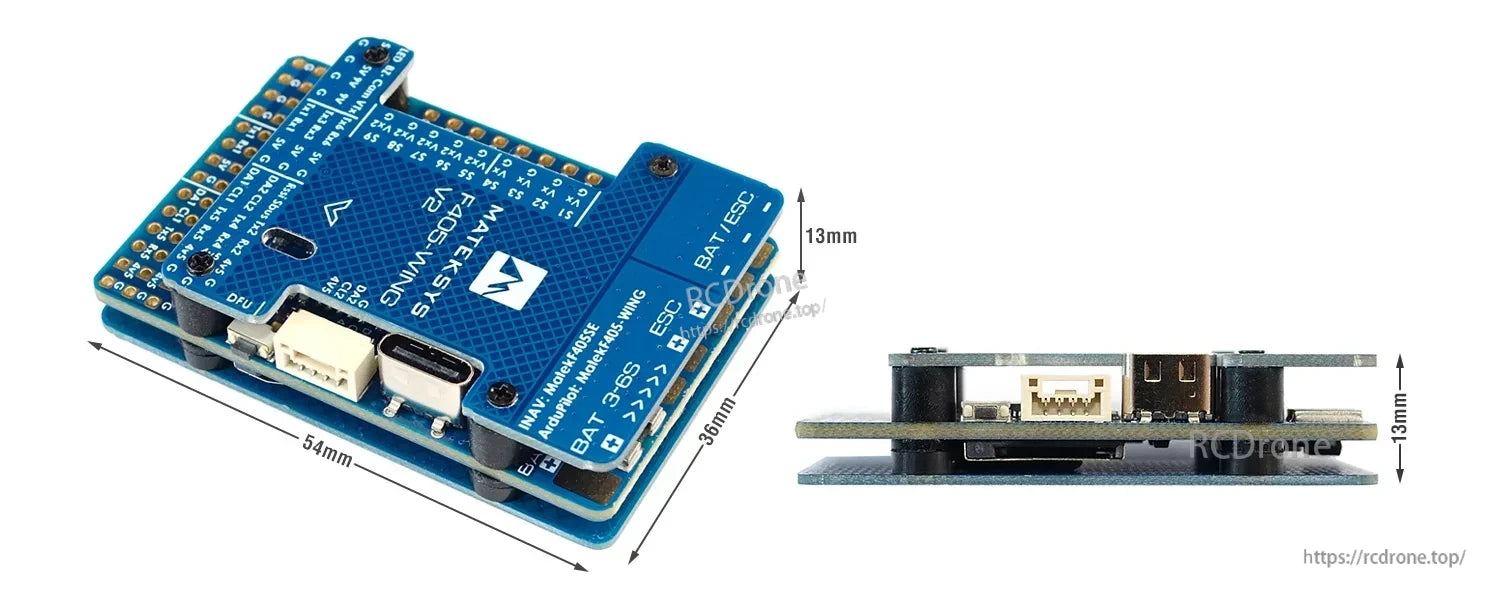 MATEK F405-WING-V2 flight controller board with USB-C port, JST connector, and 54 x 36 x 13 mm size