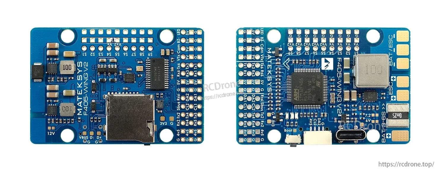 MATEK F405-WING-V2 Flight Controller, MatekSys F405-WING V2 flight controller board with USB-C port, microSD slot, and labeled solder pads