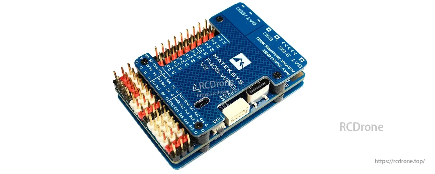 MATEK F405-WING-V2 Flight Controller, Matek Systems F405-WING V2 flight controller board with USB-C port, DFU connector, and color-coded pin headers