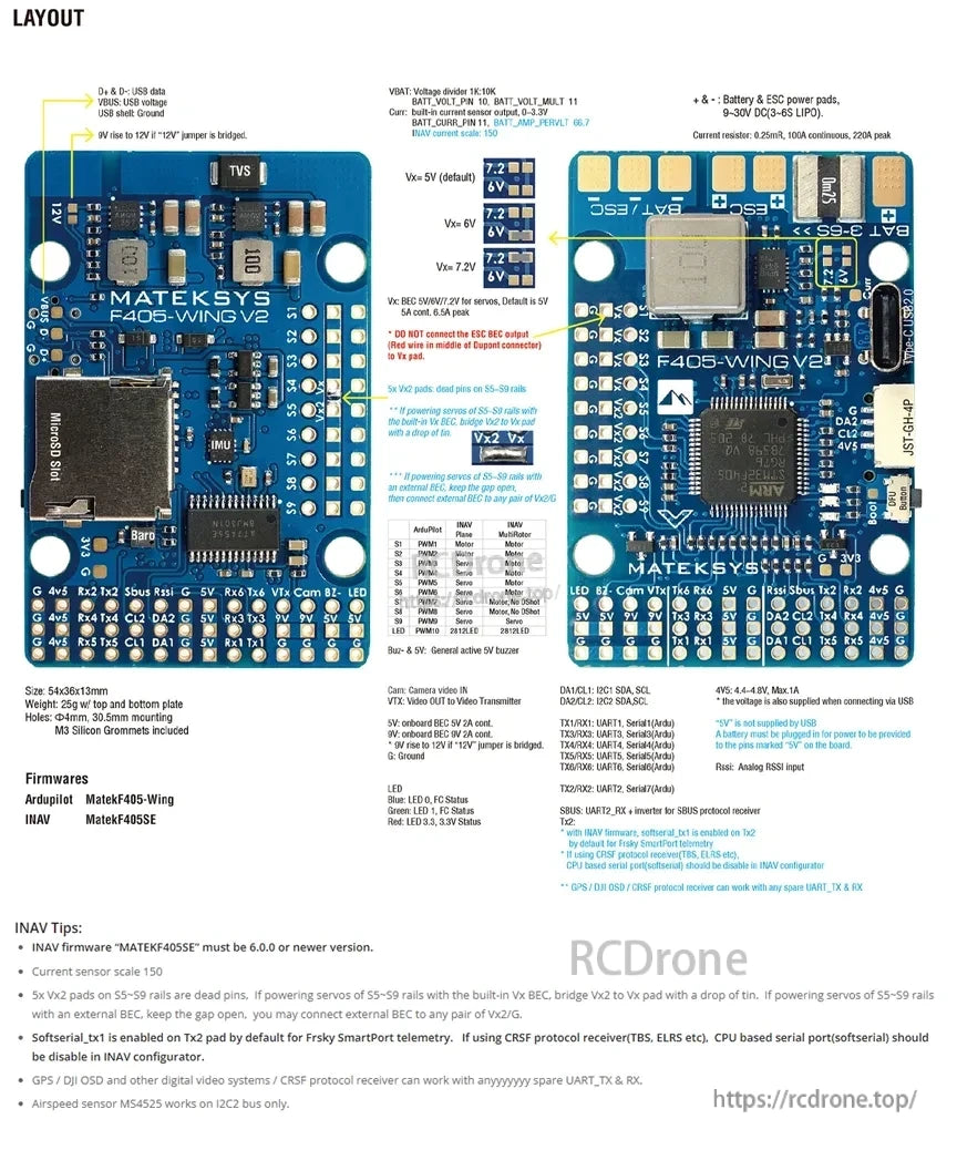 MATEK F405-WING-V2 Flight Controller, Matek F405-WING V2 flight controller layout showing both sides, pad labels, MicroSD slot, and power/ESC pads