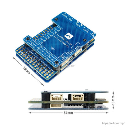 Matek H7A3-WING flight controller board stack with pin headers and connectors, showing 54mm length and 13mm height