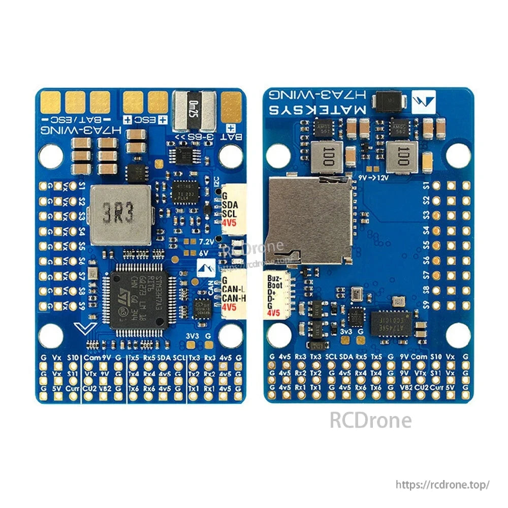Matek H7A3-WING flight controller PCB, top and bottom views with microSD slot and labeled solder pads