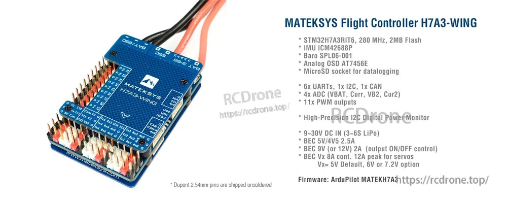 Matek H7A3-WING flight controller board with pin headers, wiring pads, and Mateksys silkscreen labels