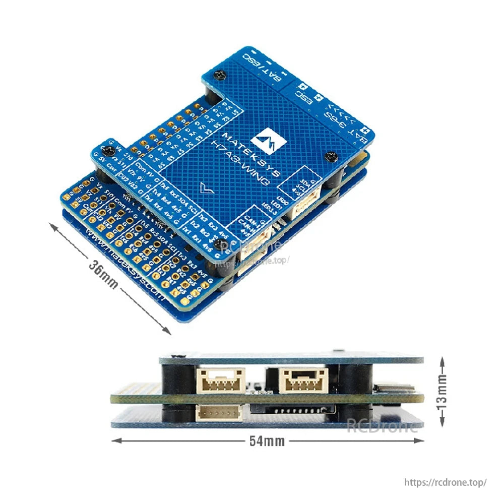 Matek H7A3-WING flight controller board with labeled solder pads and connectors, approx. 54 x 36 mm and 13 mm tall