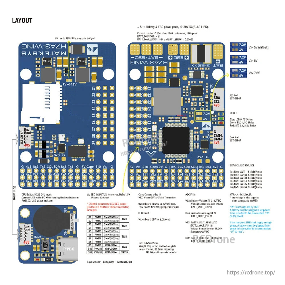 Matek H7A3-WING flight controller board layout with labeled pads, JST ports, and USB Type-C connector