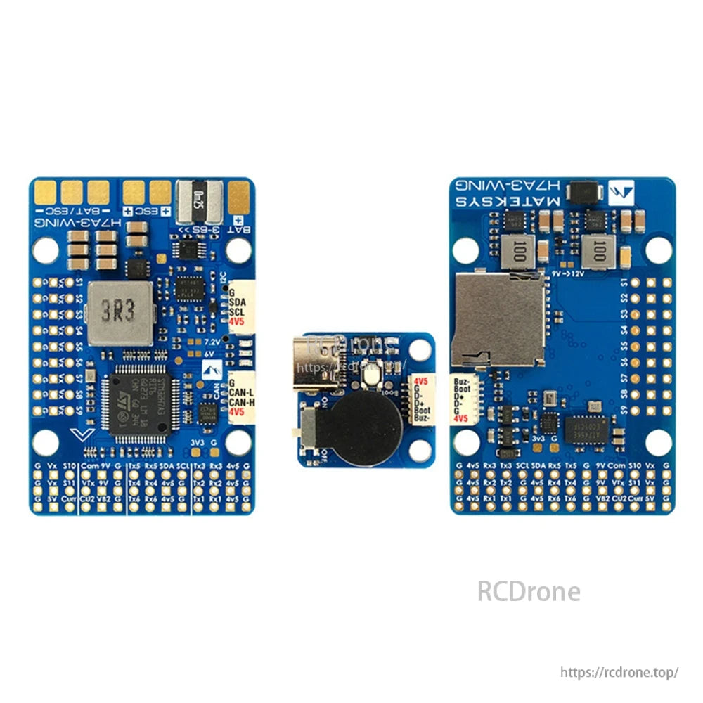 Matek H7A3-WING flight controller boards with microSD slot, labeled solder pads, and a small USB-C module