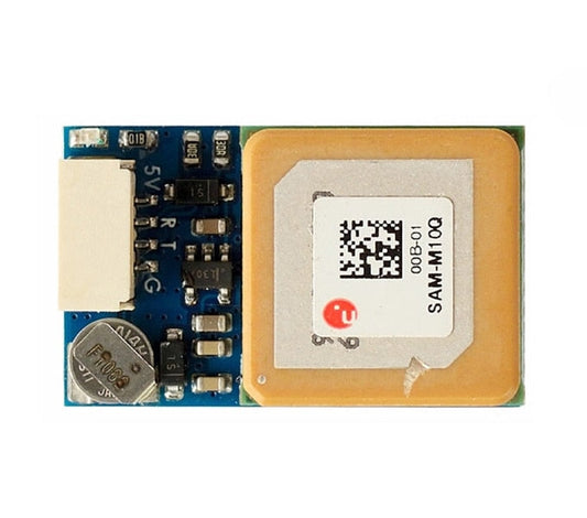 Matek SAM-M10Q u-blox M10 GNSS module with 15mm patch antenna and 4-pin JST connector labeled 5V R T G