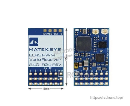 MATEKSYS ExpressLRS 2.4GHz PWM Vario Receiver, MATEKSYS ELRS PWM Vario Receiver 2.4GHz R24-P6V PCB, 18×30mm, with labeled PWM pads and antenna connector