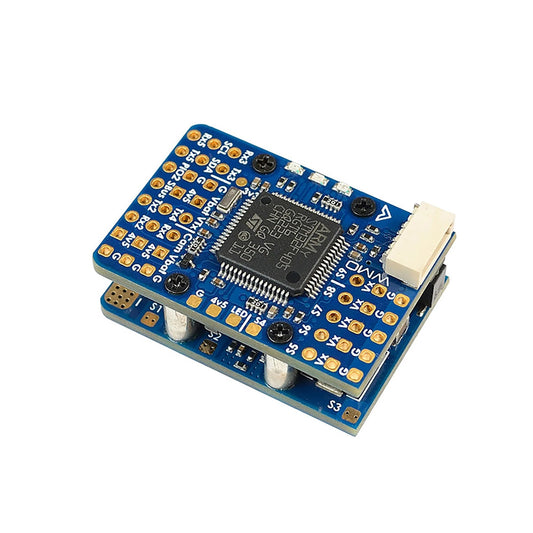 MATEKSYS F405-WMO flight controller board with STM32 chip, labeled solder pads, and white JST connector