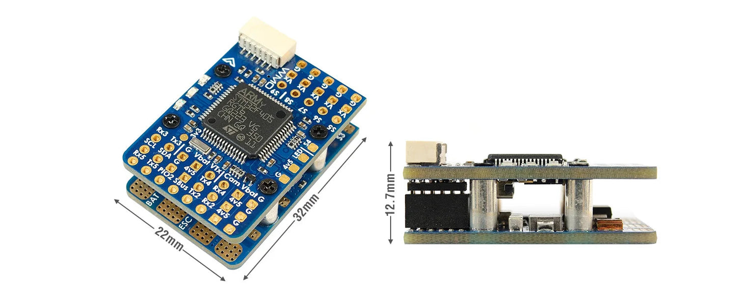 MATEKSYS F405-WMO flight controller board with solder pads, USB port, and 32×22 mm footprint (12.7 mm tall)