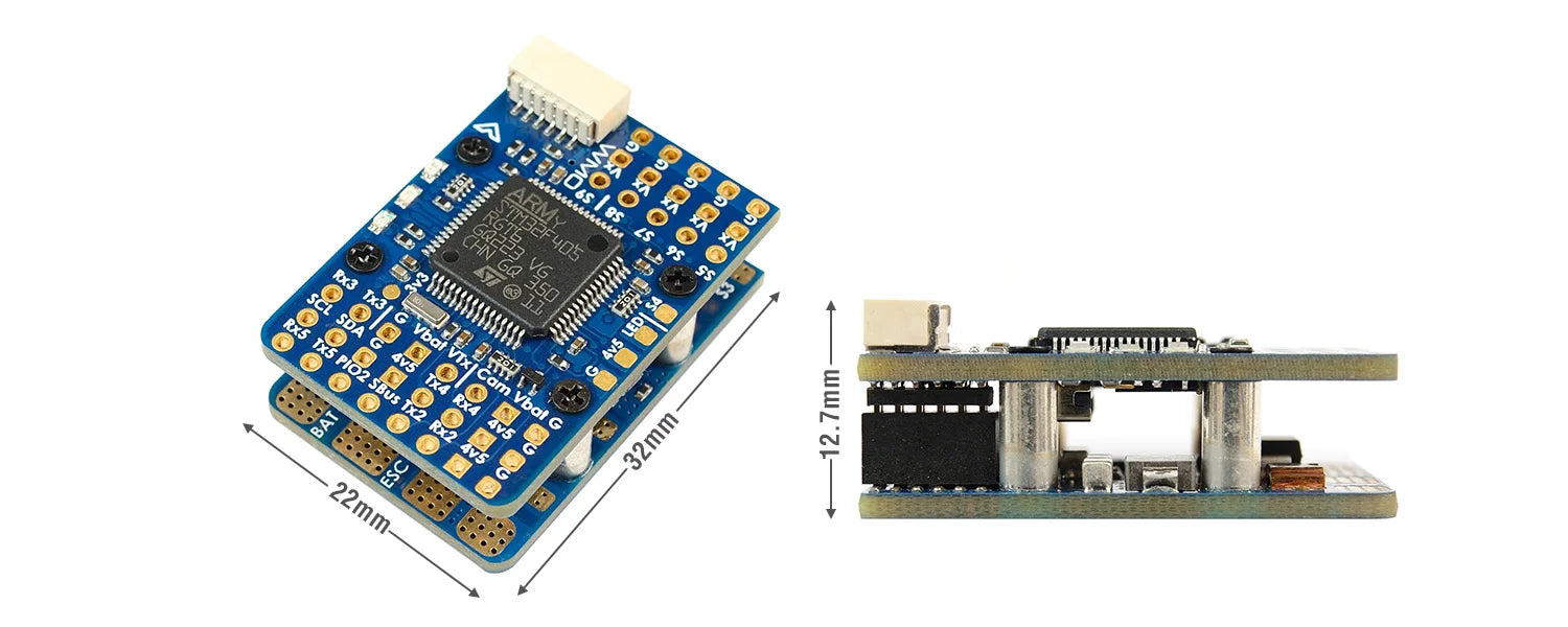 MATEKSYS F405-WMO flight controller board with solder pads, USB port, and 32×22 mm footprint (12.7 mm tall)