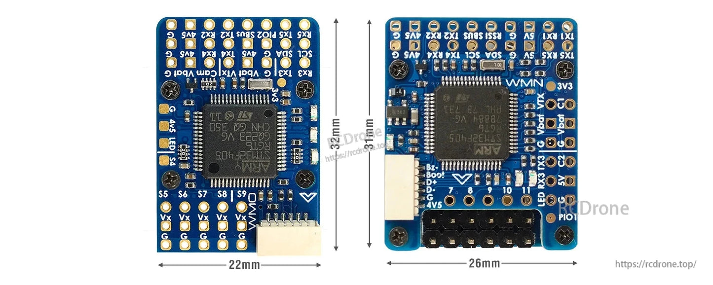 MATEKSYS F405-WMO flight controller PCB, top and bottom views with labeled solder pads, 32×22mm and 31×26mm