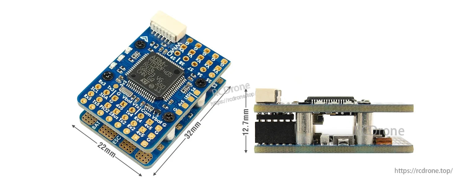 MATEKSYS F405-WMO flight controller board stack, 32x22mm footprint with 12.7mm height and labeled solder pads
