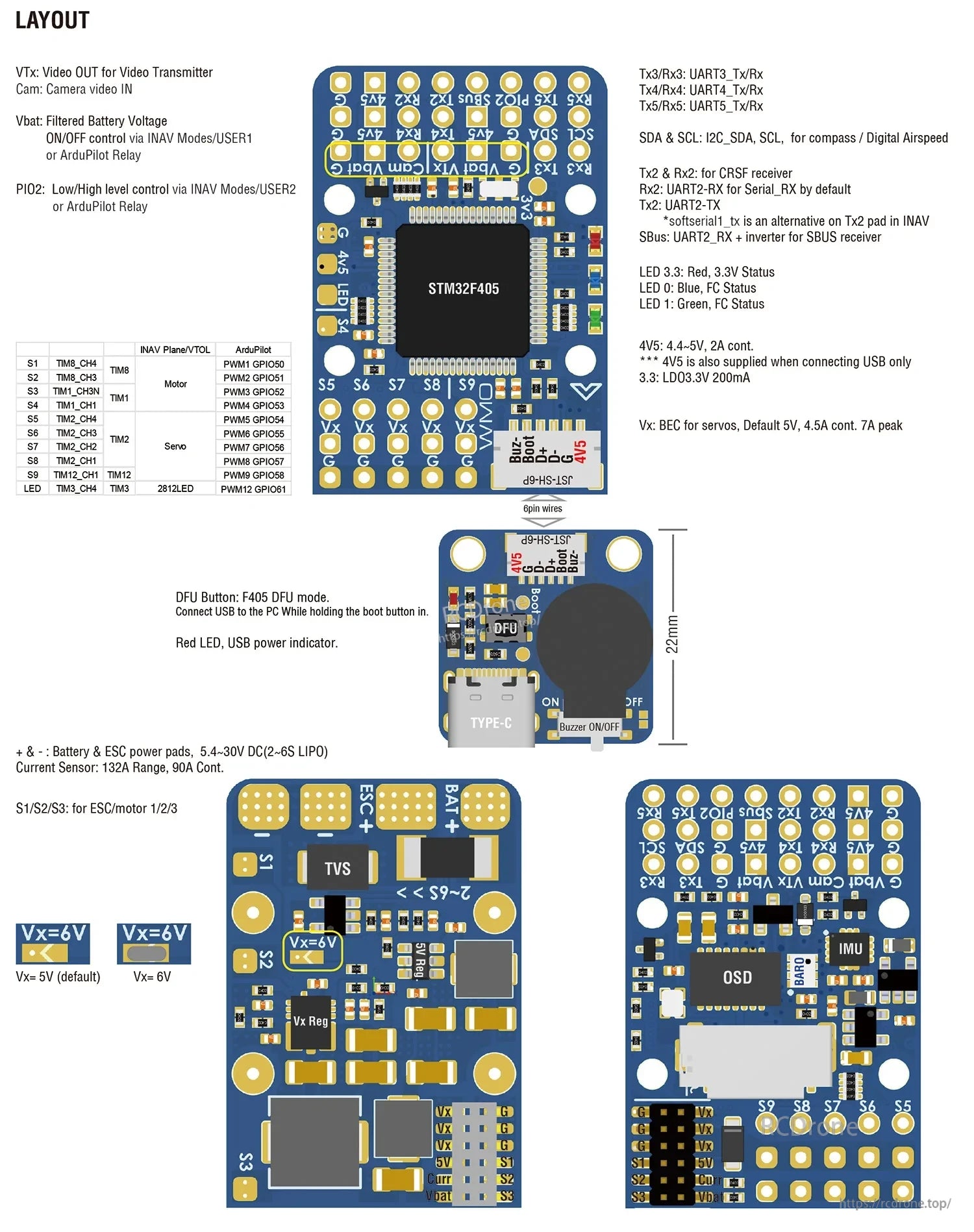 MATEKSYS F405-WMO flight controller layout showing pad labels, USB-C port, DFU button, and buzzer on/off switch