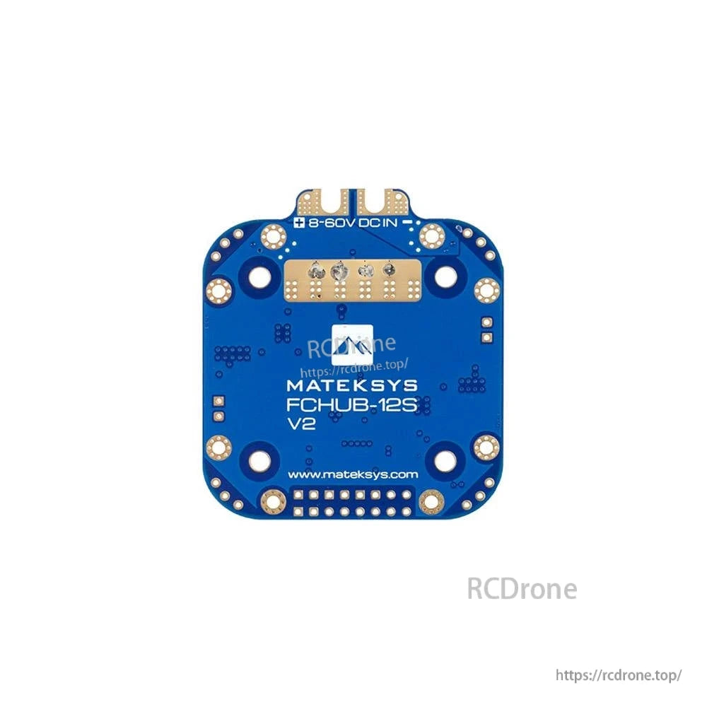 MATEKSYS FCHUB-12S V2 PDB: 8-60V input, dual 5V/12V BECs, 440A sensor, supports 4×70A continuous and 4×110A burst current for high-performance drone power distribution.