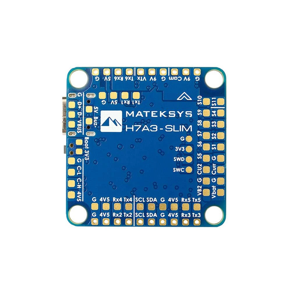MATEKSYS H7A3-SLIM Flight Controller, MATEKSYS H7A3-SLIM 30x30 flight controller board with USB port and labeled solder pads for UART and I2C