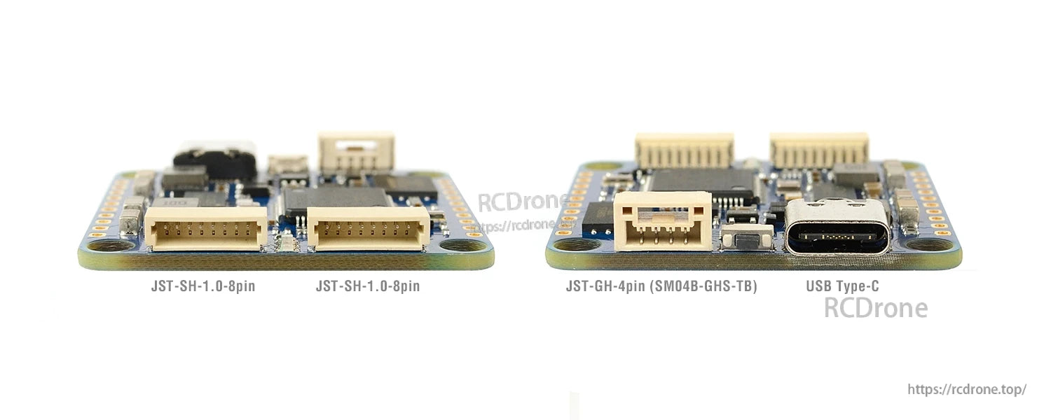MATEKSYS H7A3-SLIM flight controller close-up showing dual JST-SH 8-pin ports, JST-GH 4-pin and USB-C