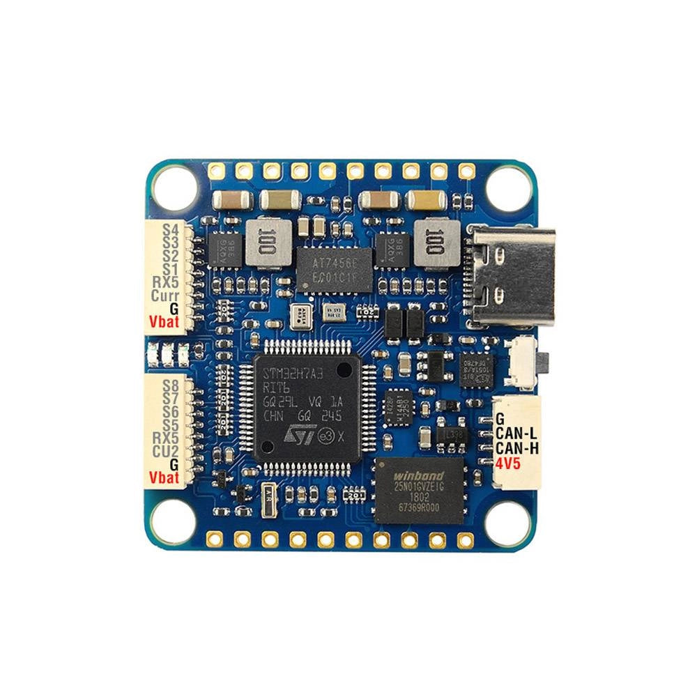 MATEKSYS H7A3-SLIM Flight Controller, MATEKSYS H7A3-SLIM 30x30 flight controller board with USB-C port, labeled solder pads, and CAN connector