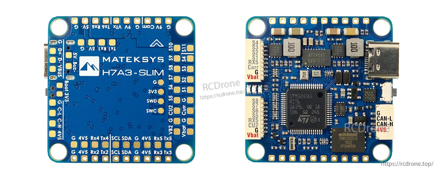 MATEKSYS H7A3-SLIM Flight Controller, MATEKSYS H7A3-SLIM 30x30 flight controller board with USB-C port and labeled solder pads