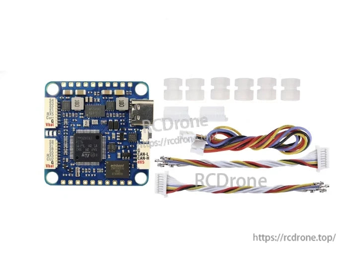 MATEKSYS H7A3-SLIM Flight Controller, MATEKSYS H7A3-SLIM 30x30 flight controller board with USB-C port, wiring harnesses, and soft-mount grommets