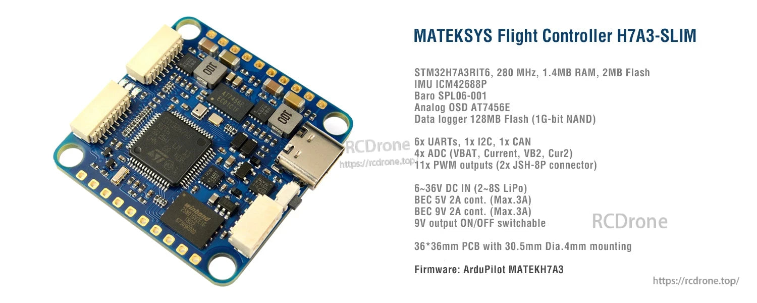 H7A3-SLIM_1 MATEKSYS H7A3-SLIM flight controller board with USB-C port, JST connectors, and 30.5mm mounting holes