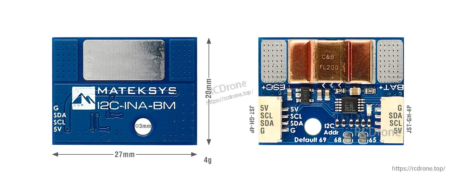 MATEKSYS I2C-INA-BM I2C power monitor board with FL200 shunt, JST-GH 4-pin ports, 27×20mm
