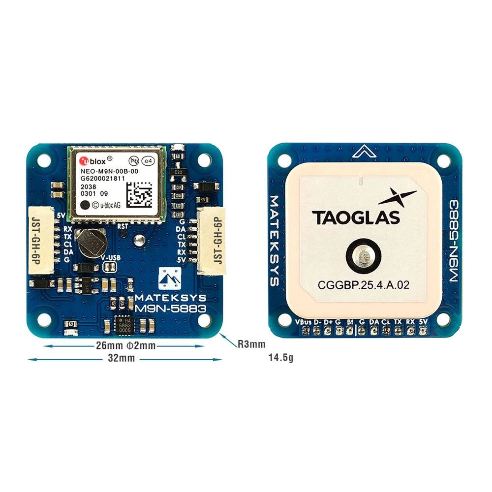 MATEKSYS M9N-5883 GNSS & Compass GPS, MATEKSYS M9N-5883 GNSS & compass module with u-blox NEO-M9N chip, JST-GH connectors, and Taoglas antenna