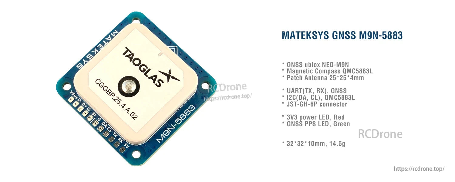 MATEKSYS M9N-5883 GNSS & Compass GPS, MATEKSYS M9N-5883 GNSS GPS module with Taoglas patch antenna and labeled UART/I2C pads on PCB