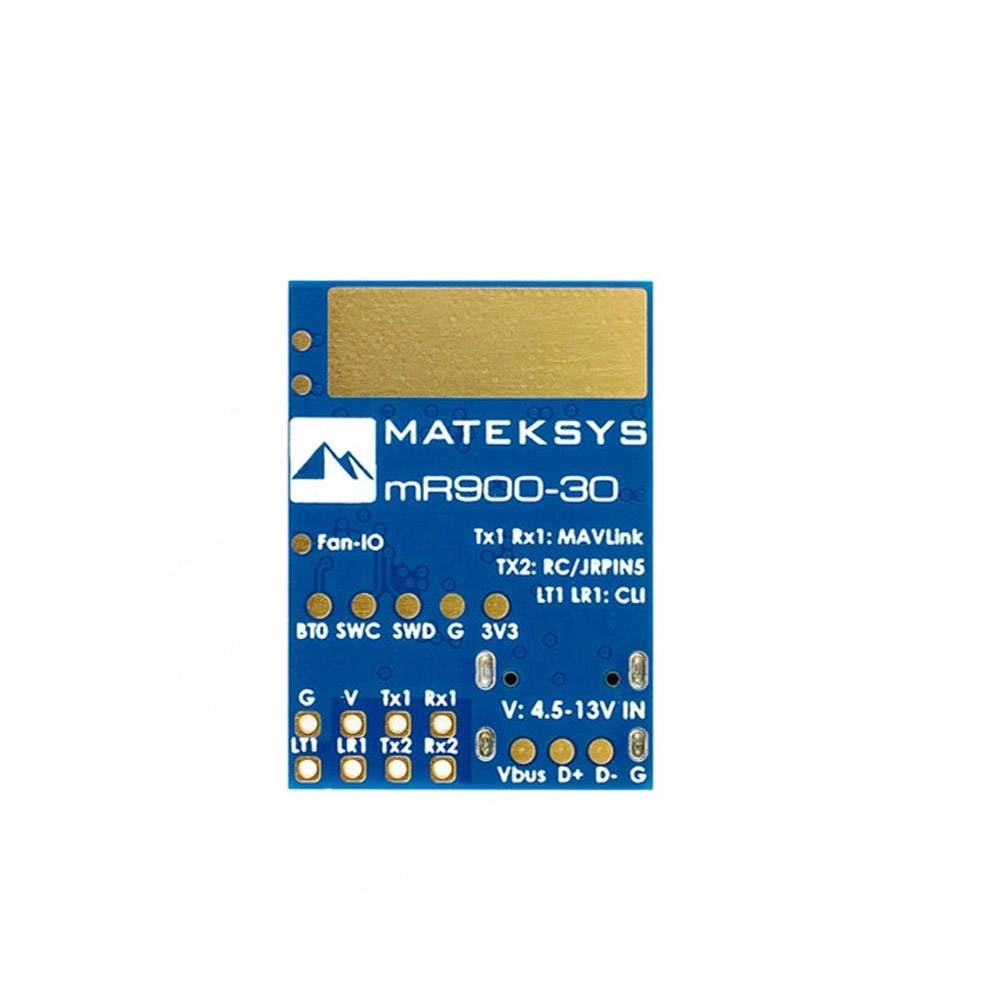 MATEKSYS mR900-30 MAVLink 900MHz receiver board with labeled UART pads and 4.5–13V power input
