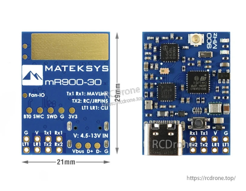 MATEKSYS MR900-30 MAVLink 900MHz Receiver, MATEKSYS mR900-30 900MHz MAVLink receiver board with USB-C, antenna connector, and labeled solder pads (21×25mm)