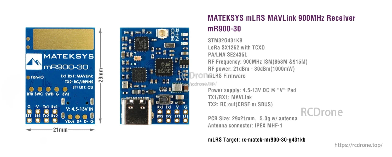 MATEKSYS mR900-30 MAVLink 900MHz receiver board with u.FL antenna connector, USB port, and 29x21mm layout