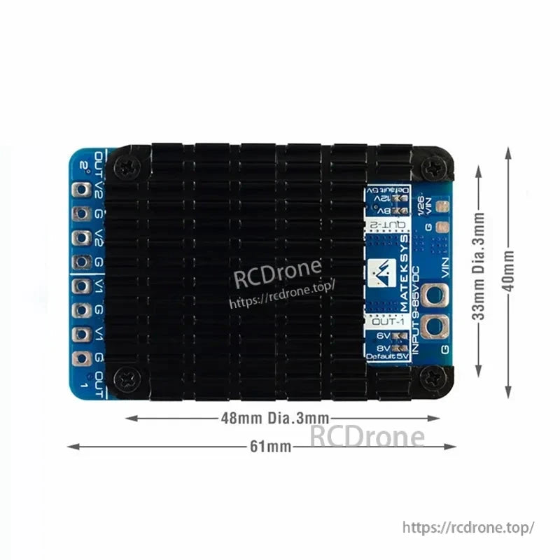 MATEKSYS PM20S-2 power module with black heatsink, VIN/G/OUT pads and 61 x 40 mm mounting layout