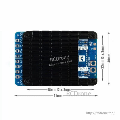 MATEKSYS PM20S-2 power module with black heatsink, VIN/G/OUT pads and 61 x 40 mm mounting layout