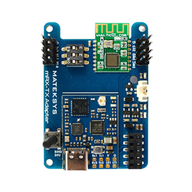 MATEKSYS mRX-TX adapter board with plug-in 2.4GHz LoRa module, USB port, and pin header connectors