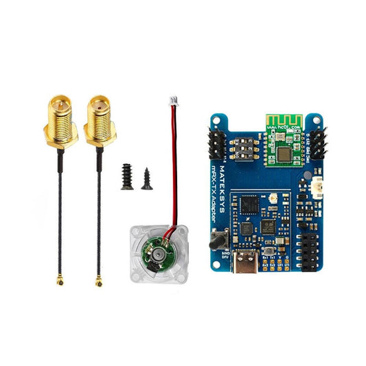 MATEKSYS mR24-30-TX LoRa TX module kit with MRX-TX adapter board, cooling fan, and two SMA antenna pigtails