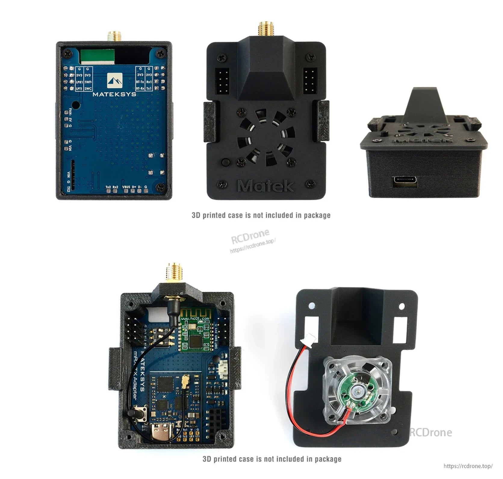 MATEKSYS mR24-30-TX 2.4GHz TX module kit with SMA antenna port, USB-C connector, and cooling fan mount