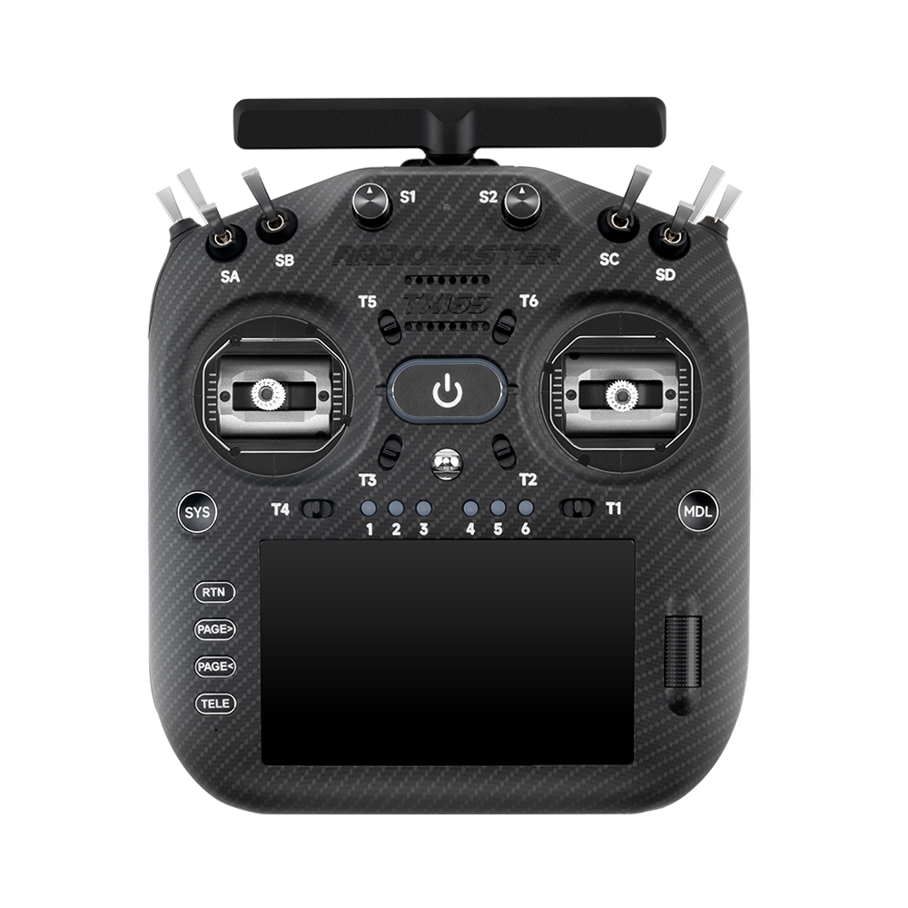 RadioMaster TX16S MK3 MAX ELRS M2 transmitter front view with carbon-fiber look faceplate