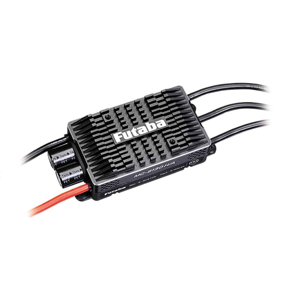 Angled top-side view of Futaba MC9130H/A ESC showing cooling fins, mounting tabs, and attached leads