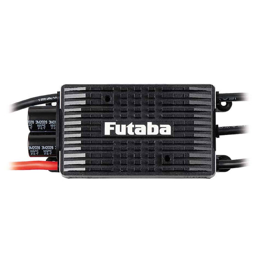 Futaba MC9130H/A 130A electronic speed controller (ESC) top view with heatsink case and power leads