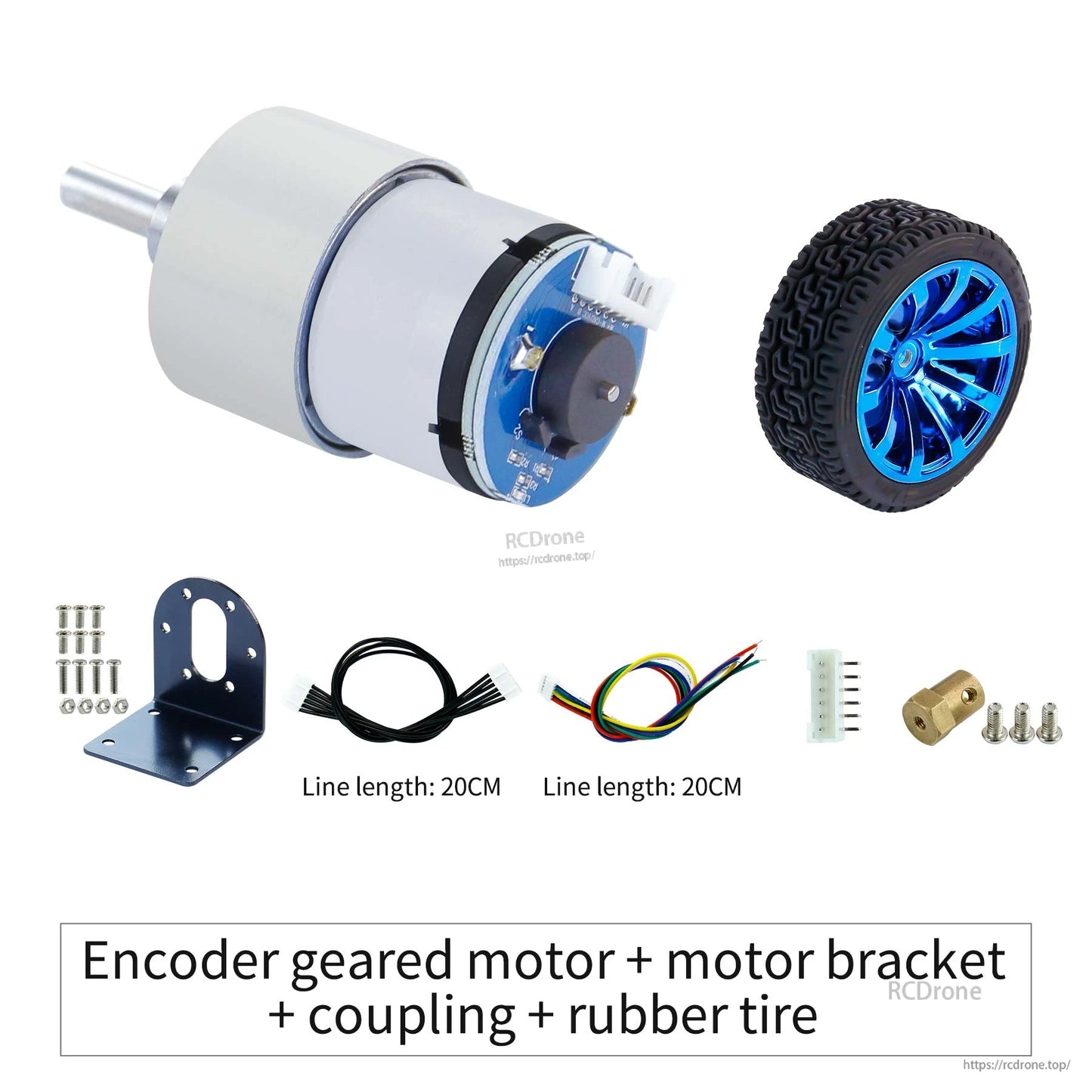 12V 520 DC gear motor with encoder kit including bracket, coupling, rubber tire, screws and wiring cables