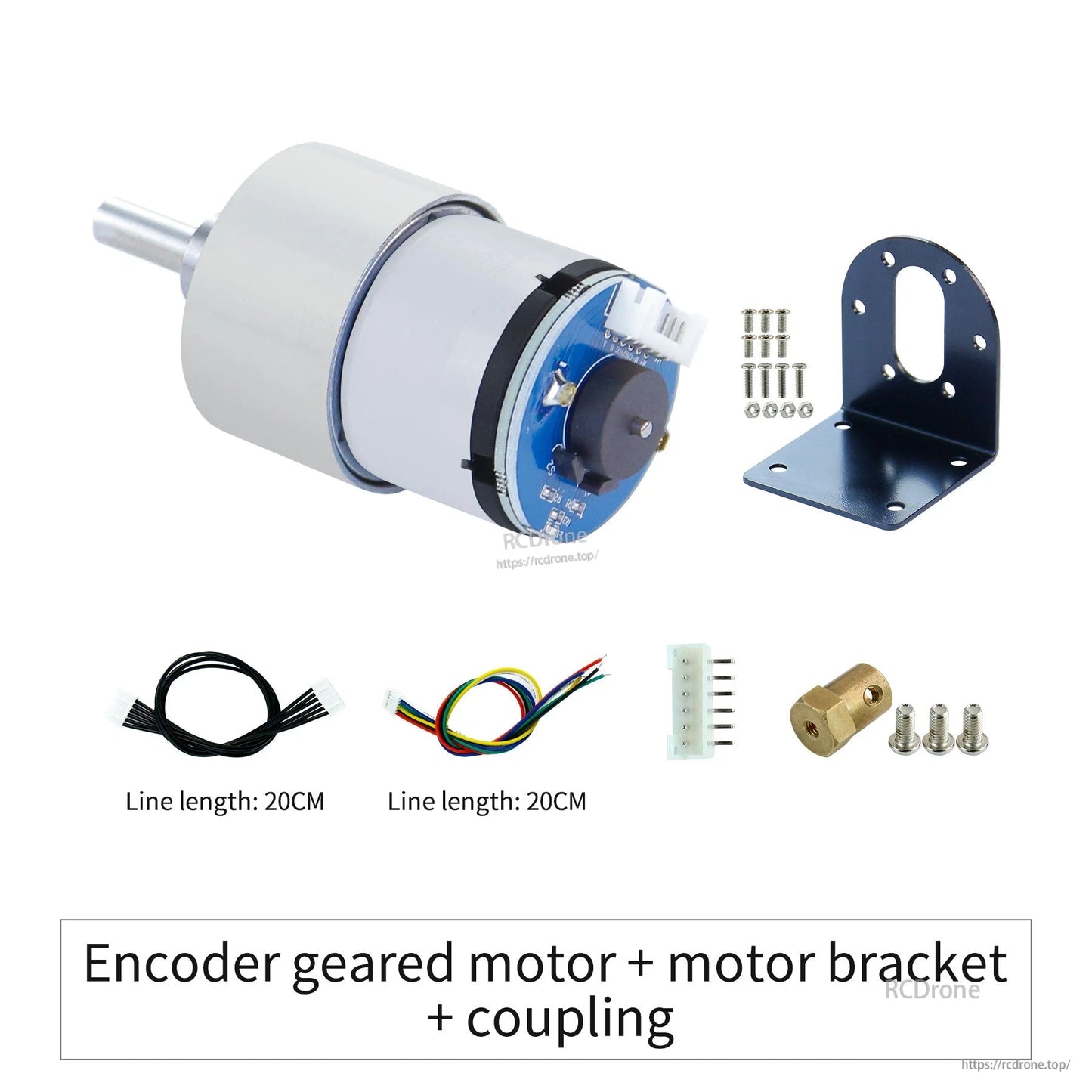 Encoder geared motor kit with L-bracket, coupling, screws, 20cm cables and 6-pin connector