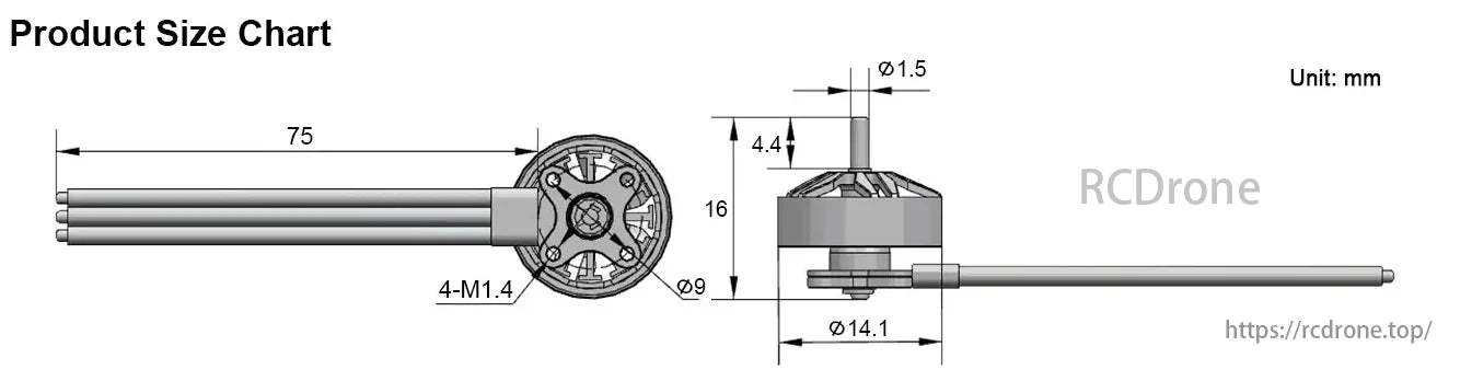 MEPS 1103 8000KV / 11000KV 3S Brushless FPV Motor, Product size chart: 75mm length, 16mm height, 14.1mm diameter, 4-M1.4 mounting holes, 9mm shaft diameter, 1.5mm shaft tip.