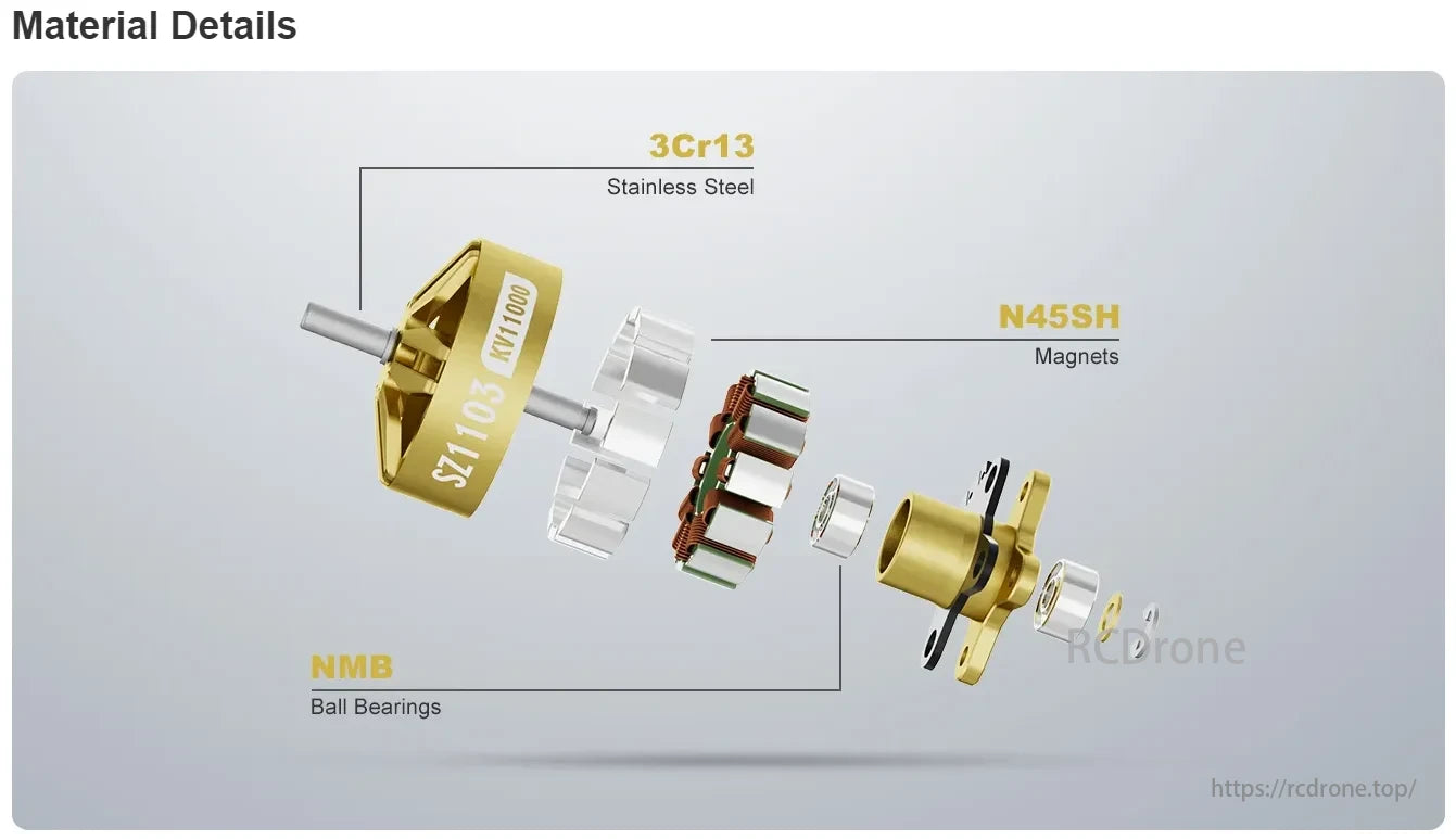 MEPS 1103 8000KV / 11000KV 3S Brushless FPV Motor, MEPS 1103 motors use high-quality materials like 3Cr13 steel, N45SH magnets, and NMB bearings for optimal 8000KV/11000KV 3S performance.